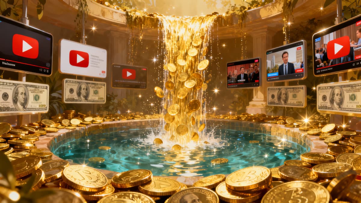 Multiple passive income streams visualization with money flowing from various sources including YouTube