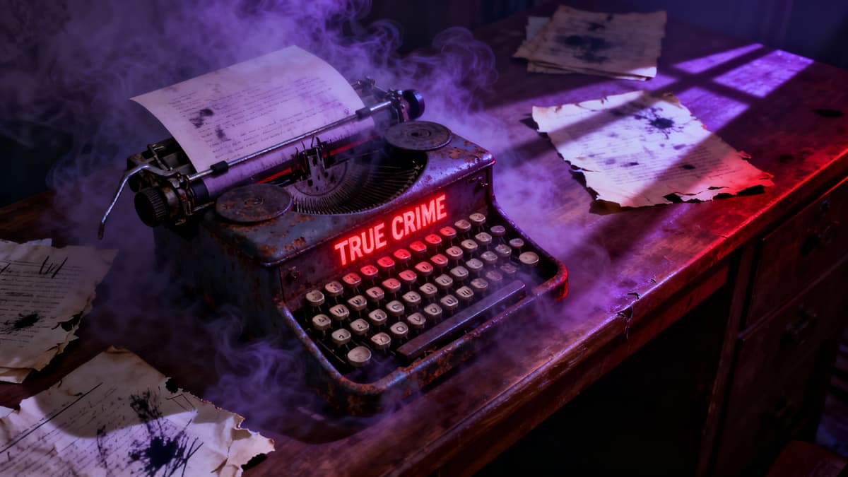 Dark mysterious content creation scene for horror videos with vintage typewriter and atmospheric lighting