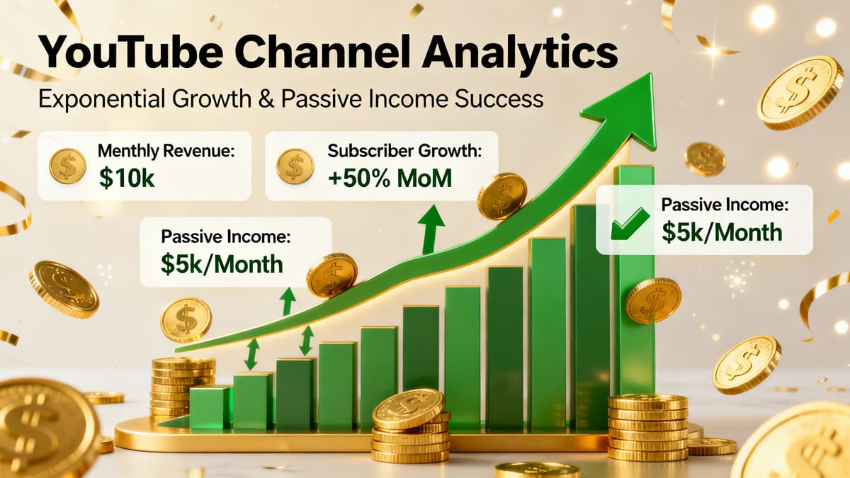 YouTube channel analytics showing exponential growth with monetization metrics and revenue visualization