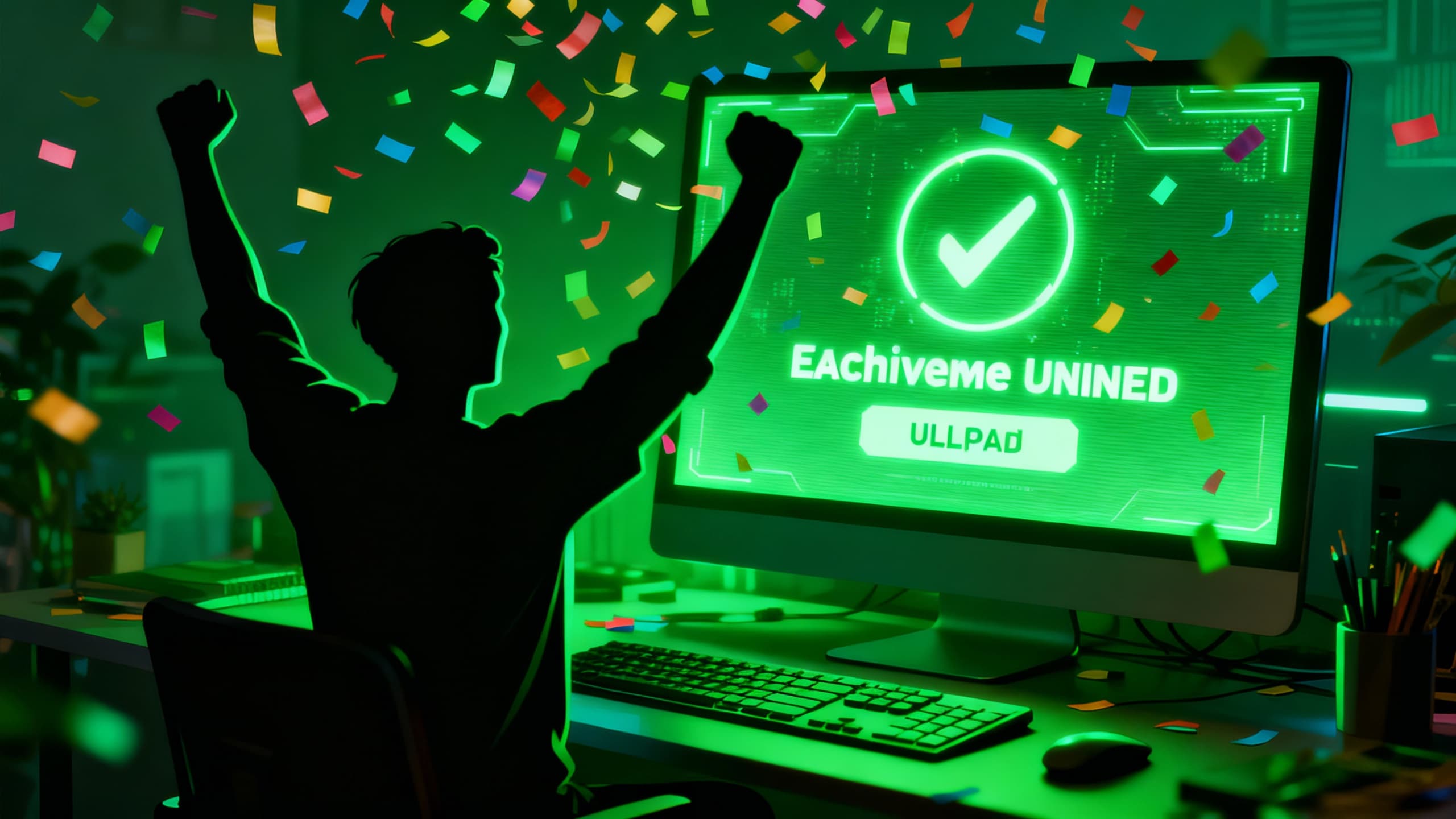 First YouTube video upload celebration moment with faceless creator celebrating successful channel launch