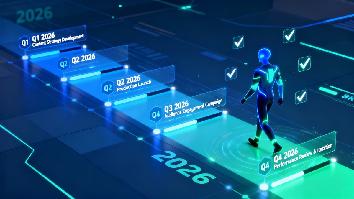 Futuristic 2026 content creation roadmap with milestone markers for faceless YouTube success