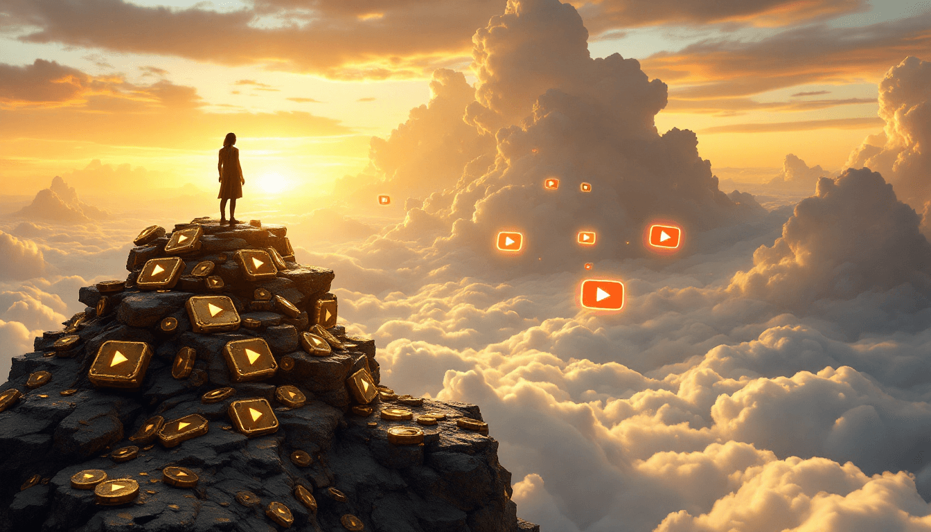 Epic visualization of YouTube growth with play button mountain representing subscriber success