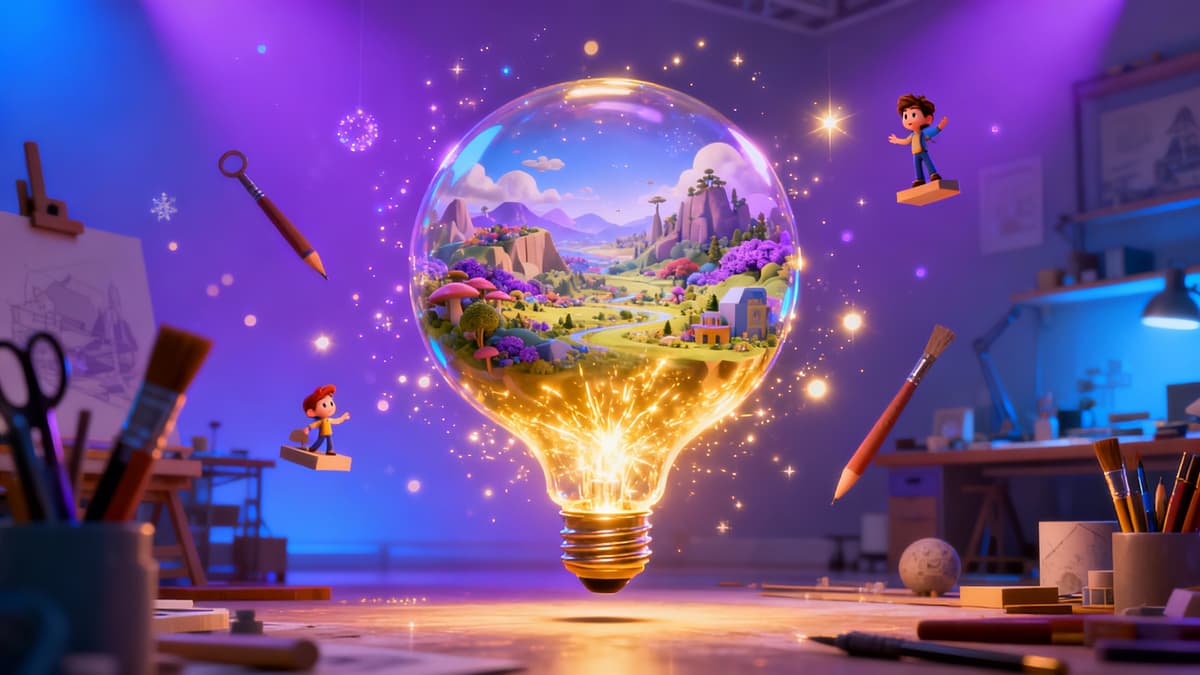 Pixar-quality 3D animated scene being magically created with cinematic lighting and purple gradients