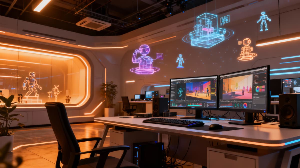 Futuristic AI animation studio workspace with holographic 3D models and professional render visualization