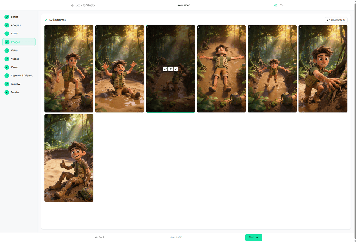 Autoclips 3D Animation Studio showing generated keyframes grid with Pixar-quality visuals from text input