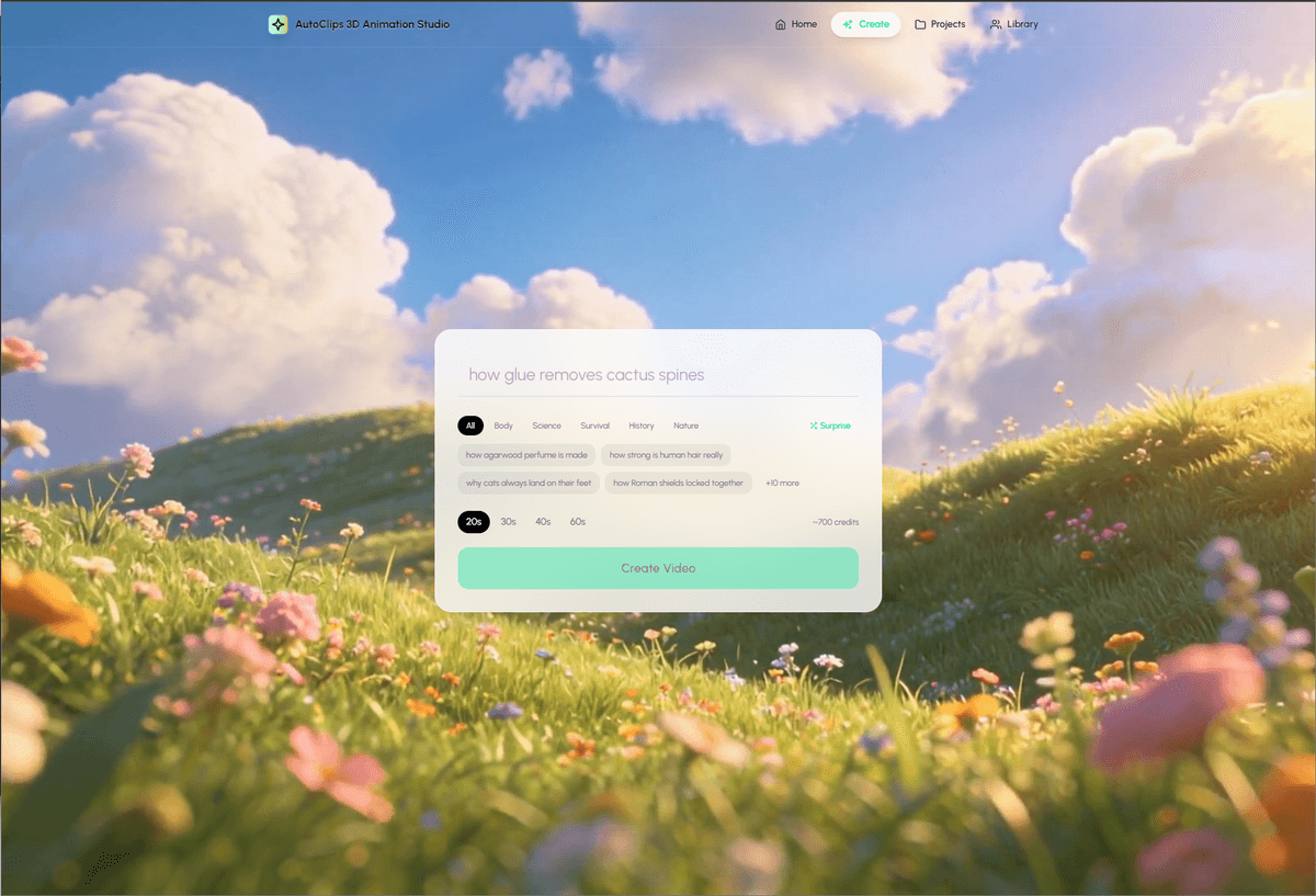Autoclips 3D Animation Studio interface showing how to create Pixar-quality animated videos with AI