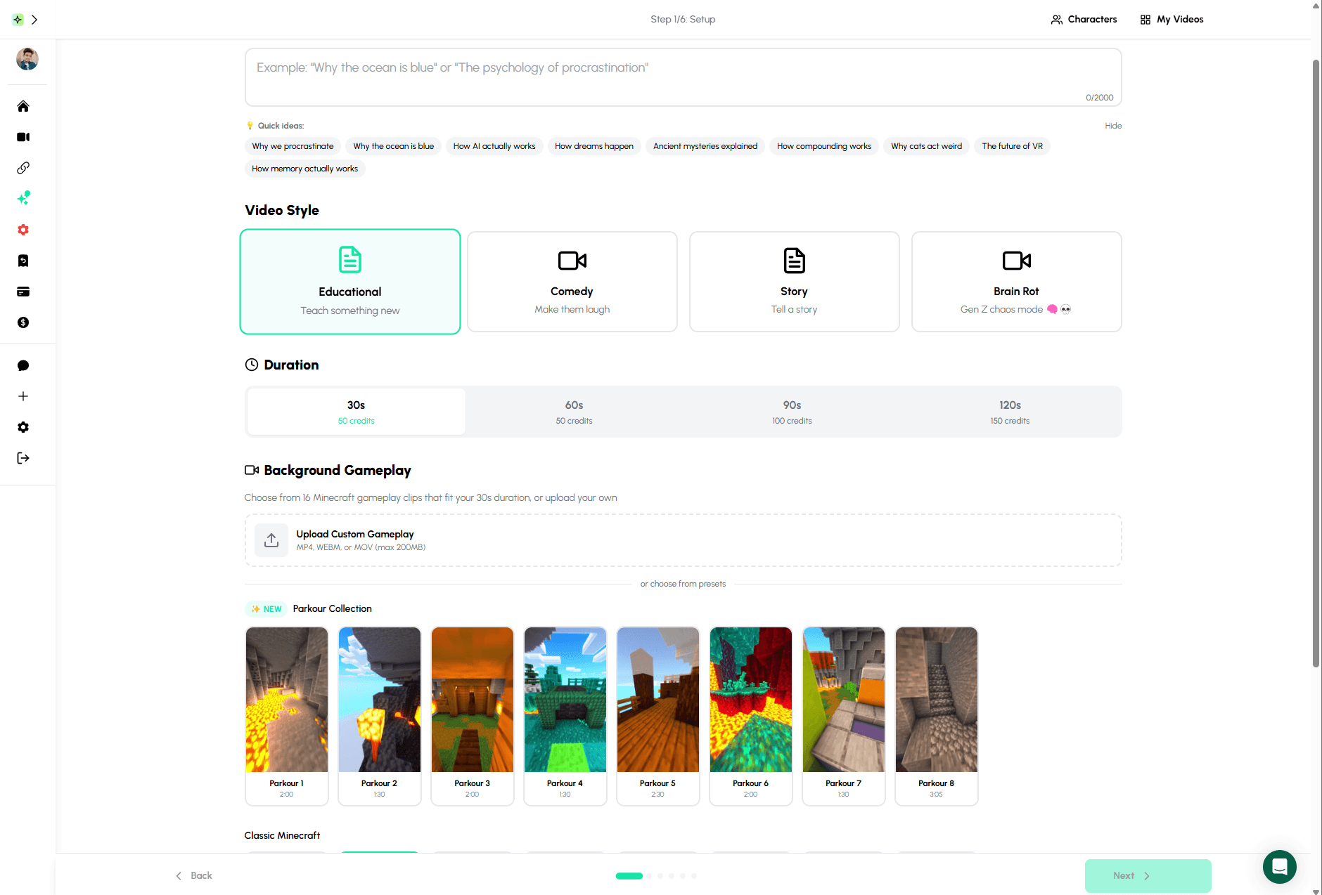Autoclips Character Explainer script input interface for creating videos with cloned voices