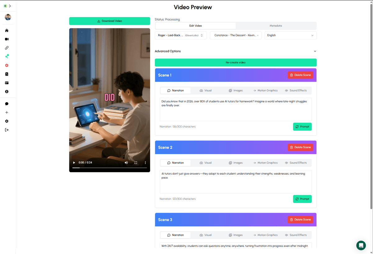 Autoclips video editing interface showing regenerate scene, scene prompt editing, and voice options for faceless AI videos