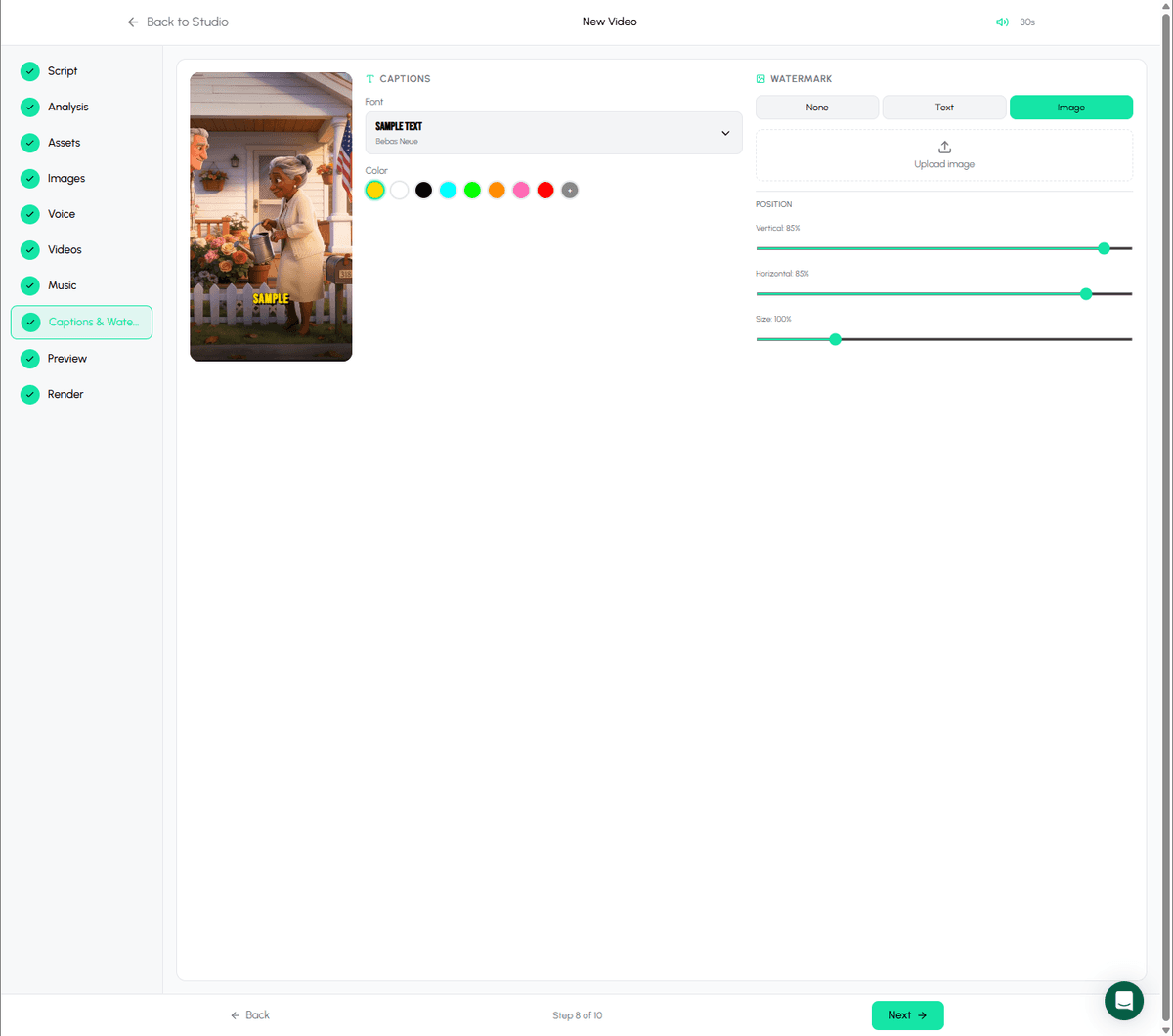 Autoclips caption editing interface showing font selection, styling options, and watermark features for short videos