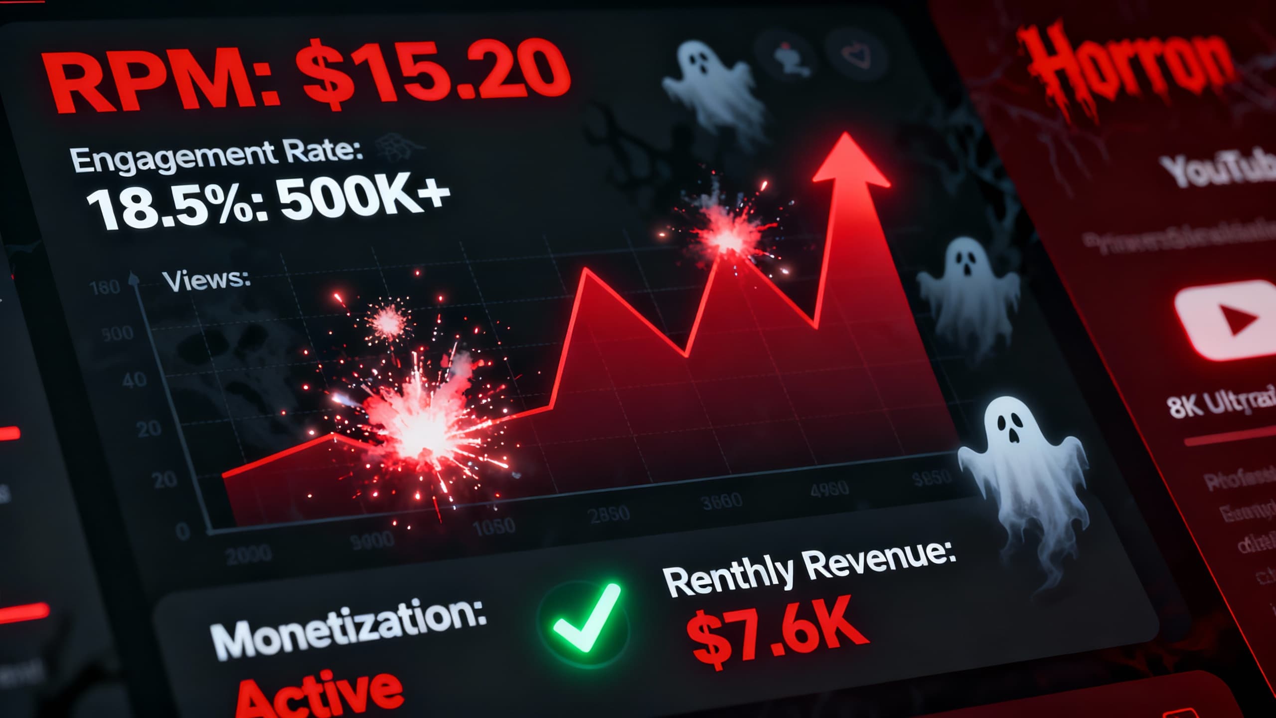Horror YouTube channel analytics showing high RPM and engagement metrics