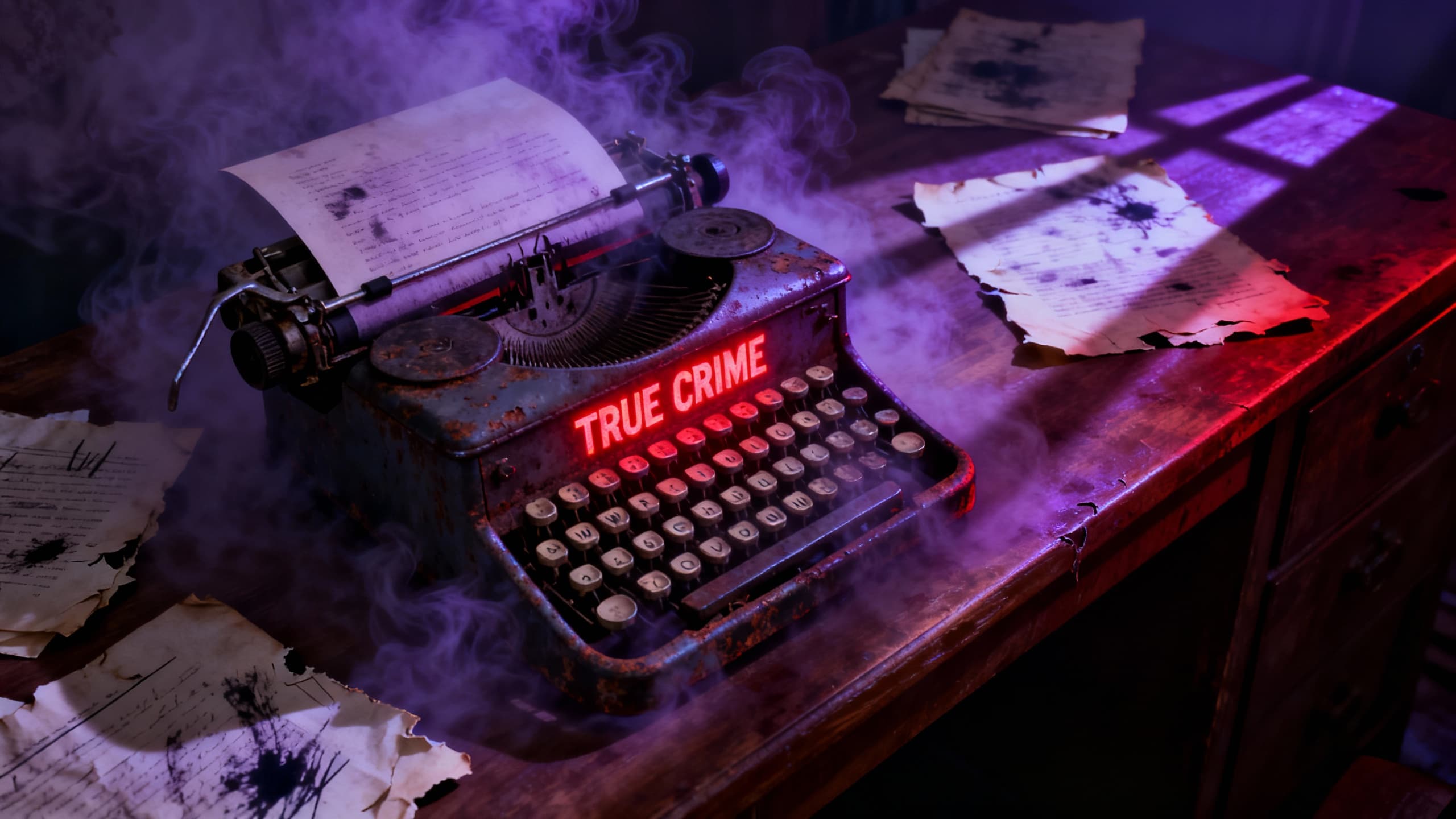 Dark mysterious content creation scene for horror videos with vintage typewriter and atmospheric lighting