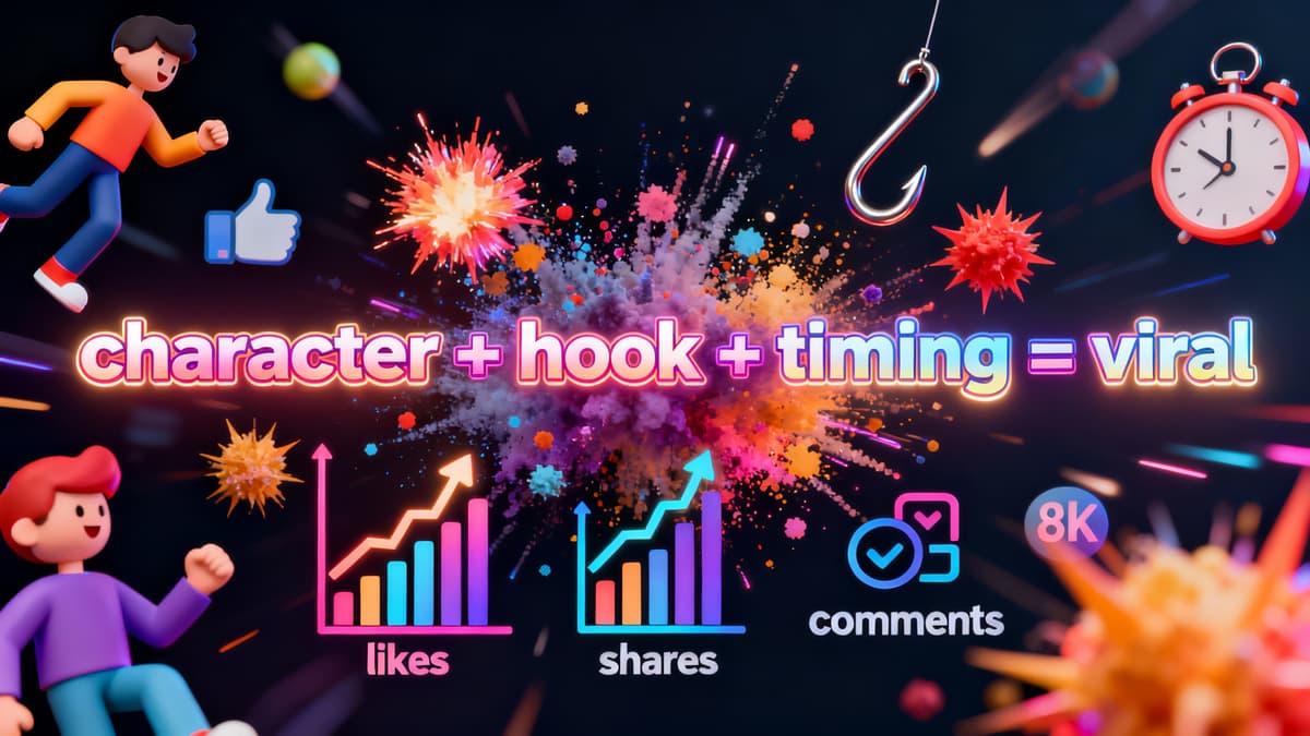 Visual formula for viral content success combining character, hook, and timing elements for maximum engagement