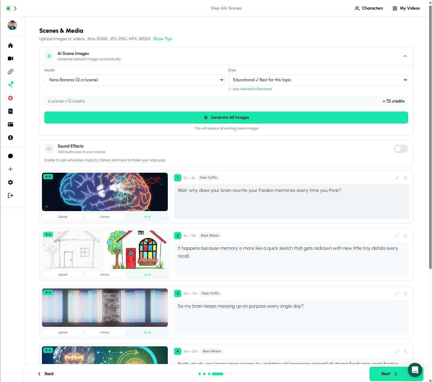 Autoclips Character Explainer background and media selection showing options to upload images, videos, GIFs and gaming backgrounds