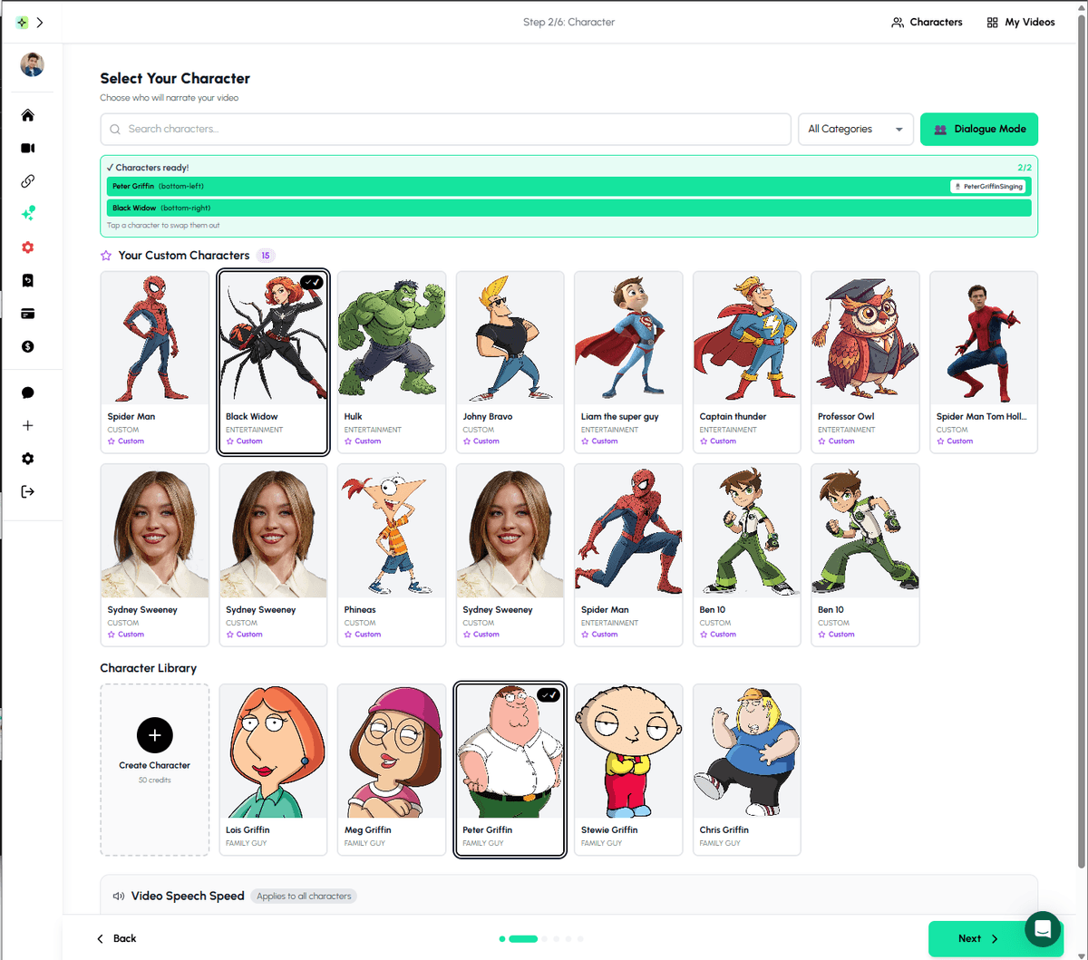 Autoclips cartoon voice generator showing available character voices including custom characters, Spider-Man, Hulk, and Family Guy characters