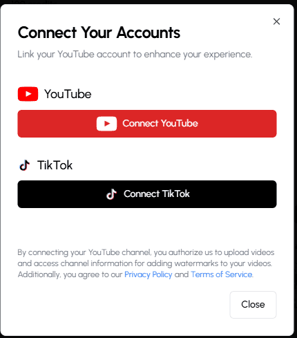 Autoclips Connect Your Accounts interface showing YouTube and TikTok integration for one-click short video publishing