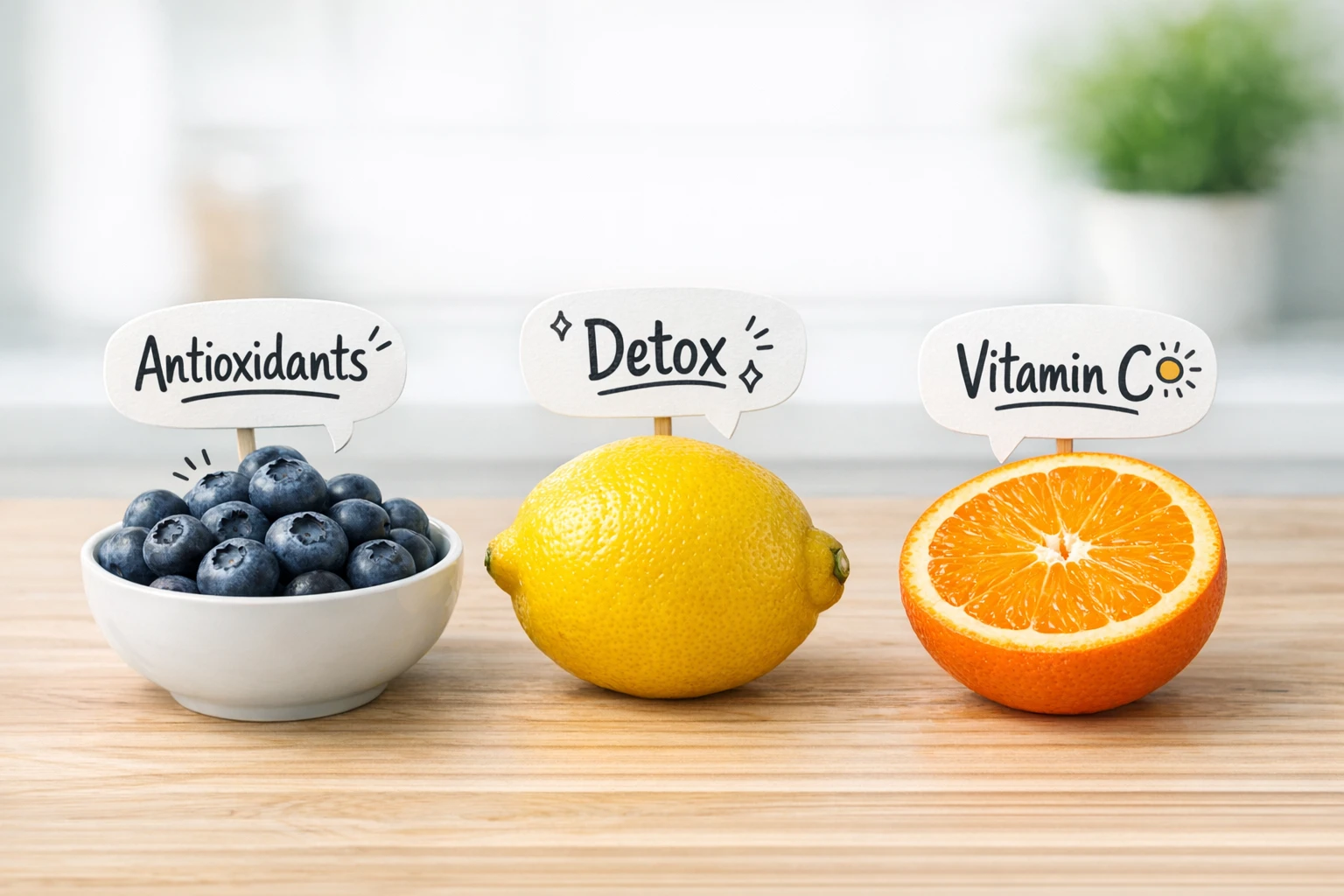 AI blueberry, lemon, and orange characters talking about superfood health benefits