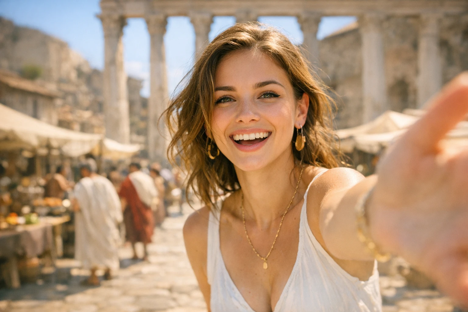 AI time travel trend style shot of a vlogger filming a selfie video in an ancient Roman forum