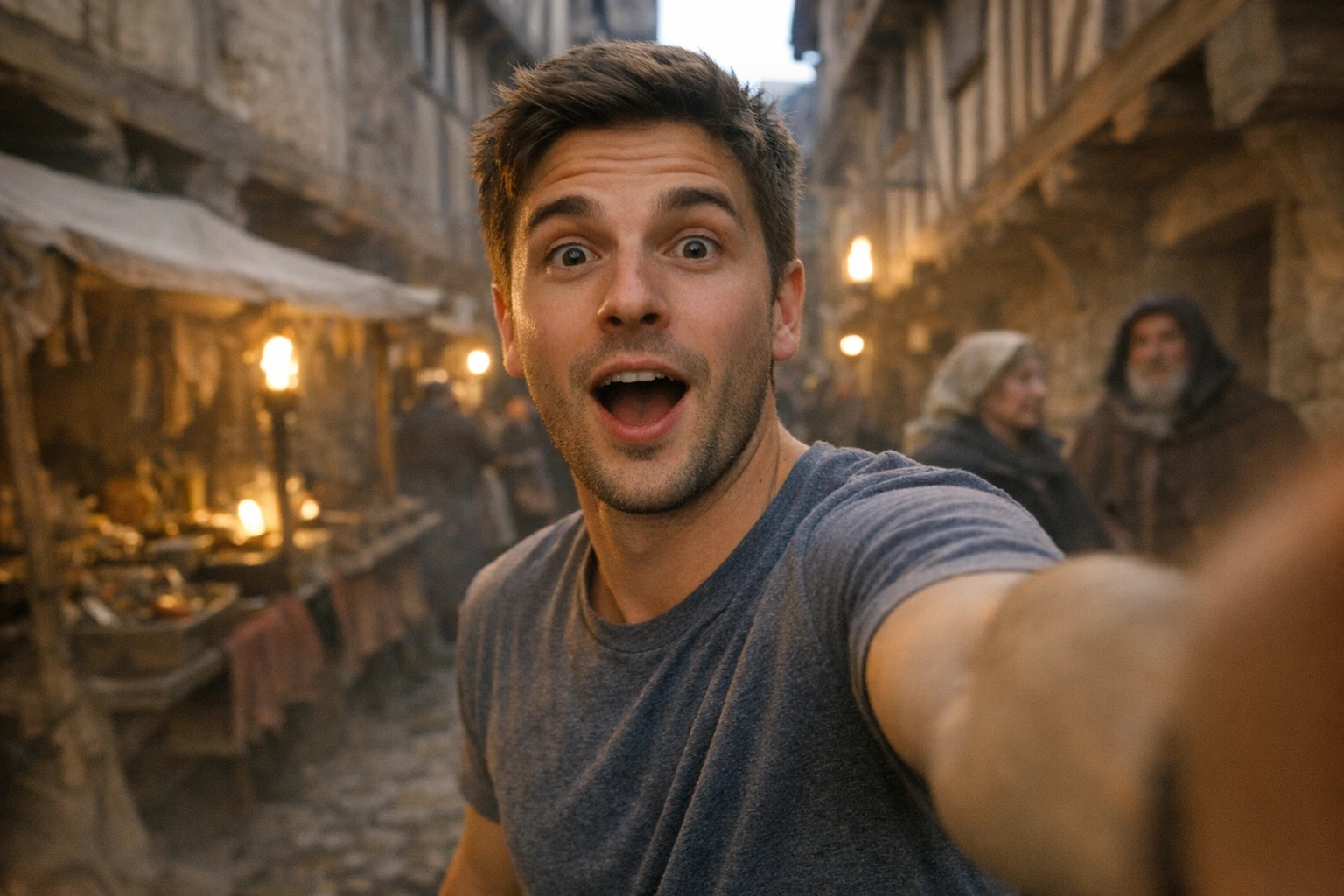 AI history POV video style scene of a modern time traveler taking a selfie on a medieval street