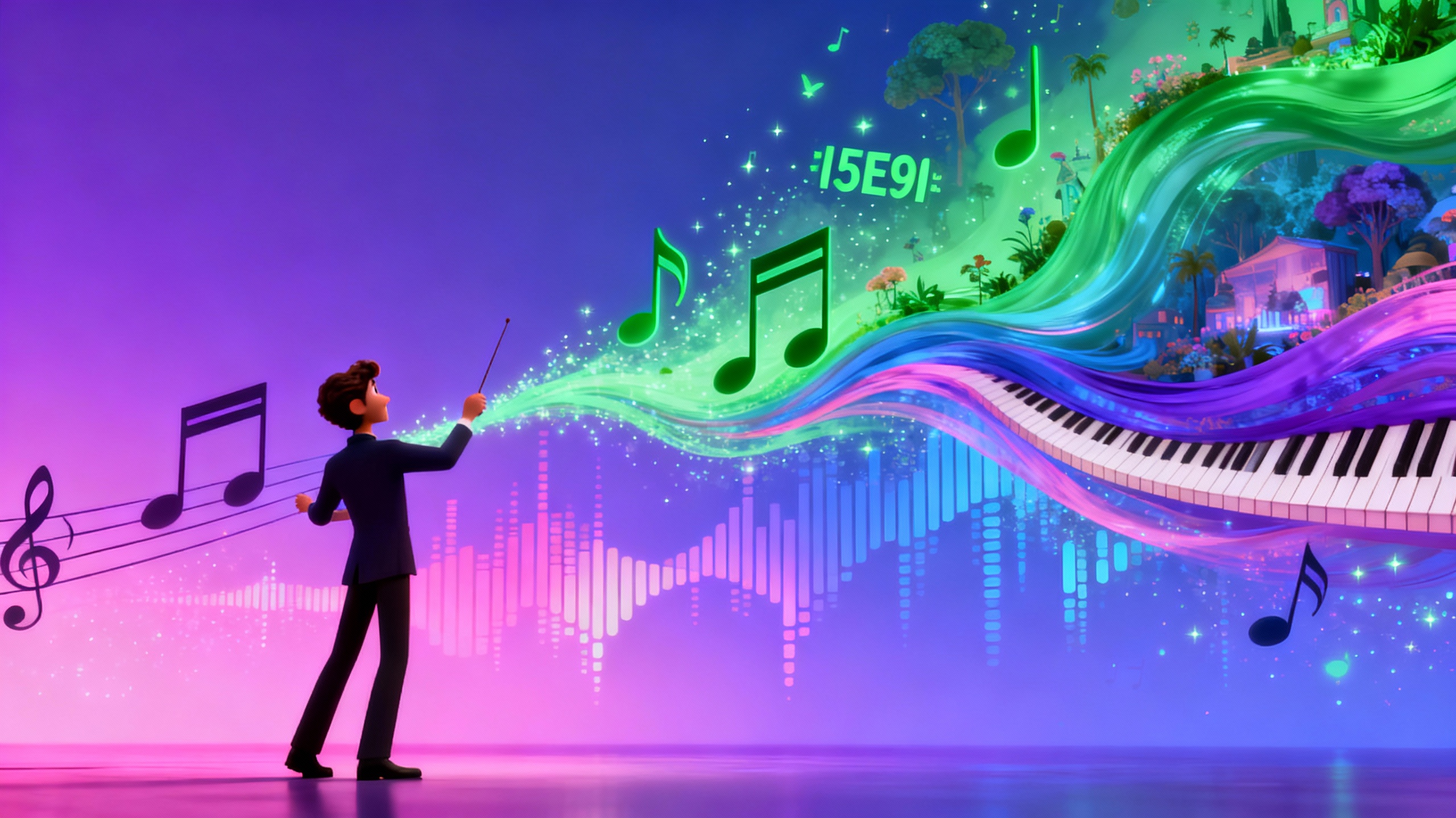 Stunning 3D music video creation with musical notes transforming into animated visuals