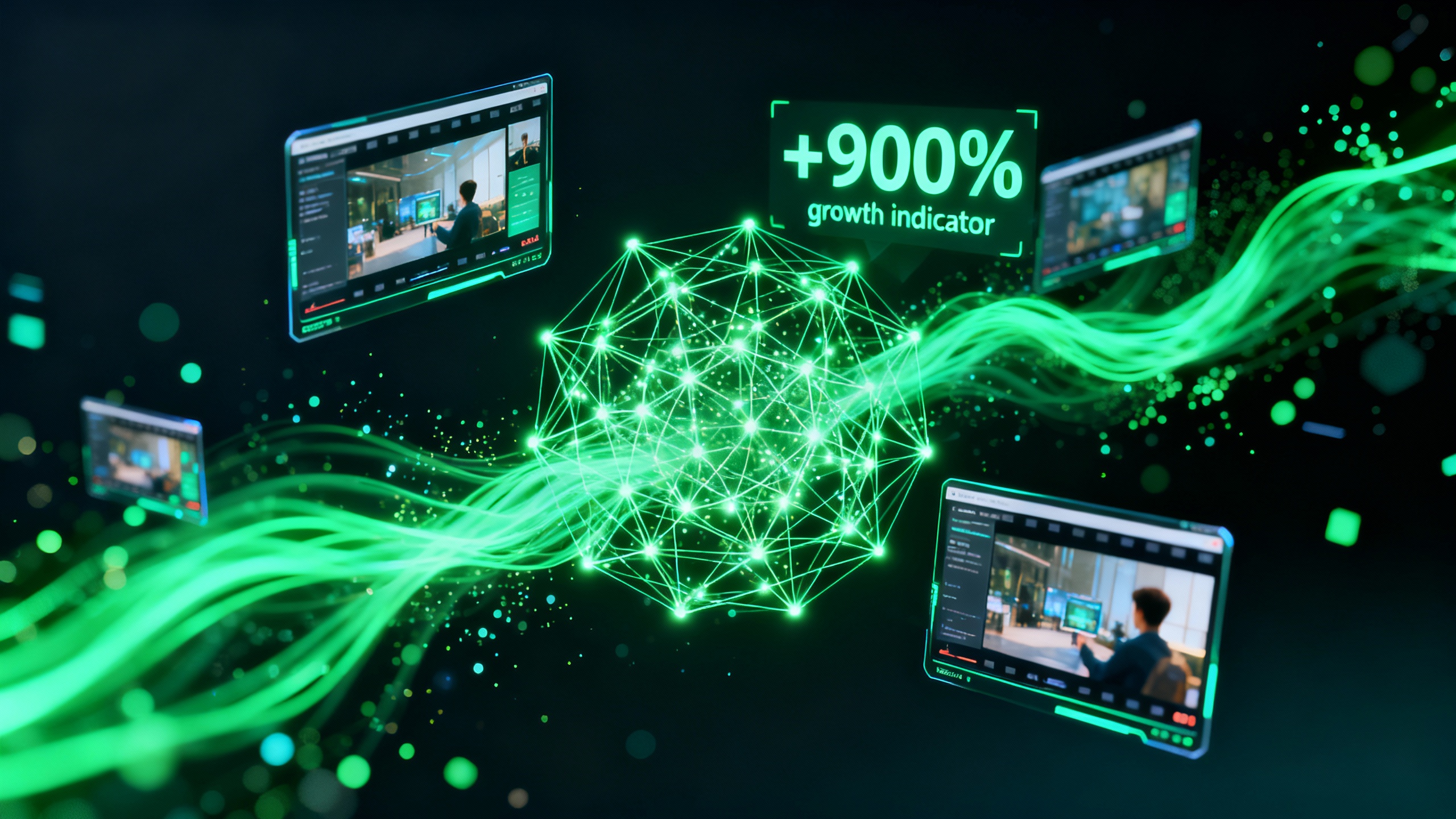 AI powered video creation visualization with holographic screens and neural network connections