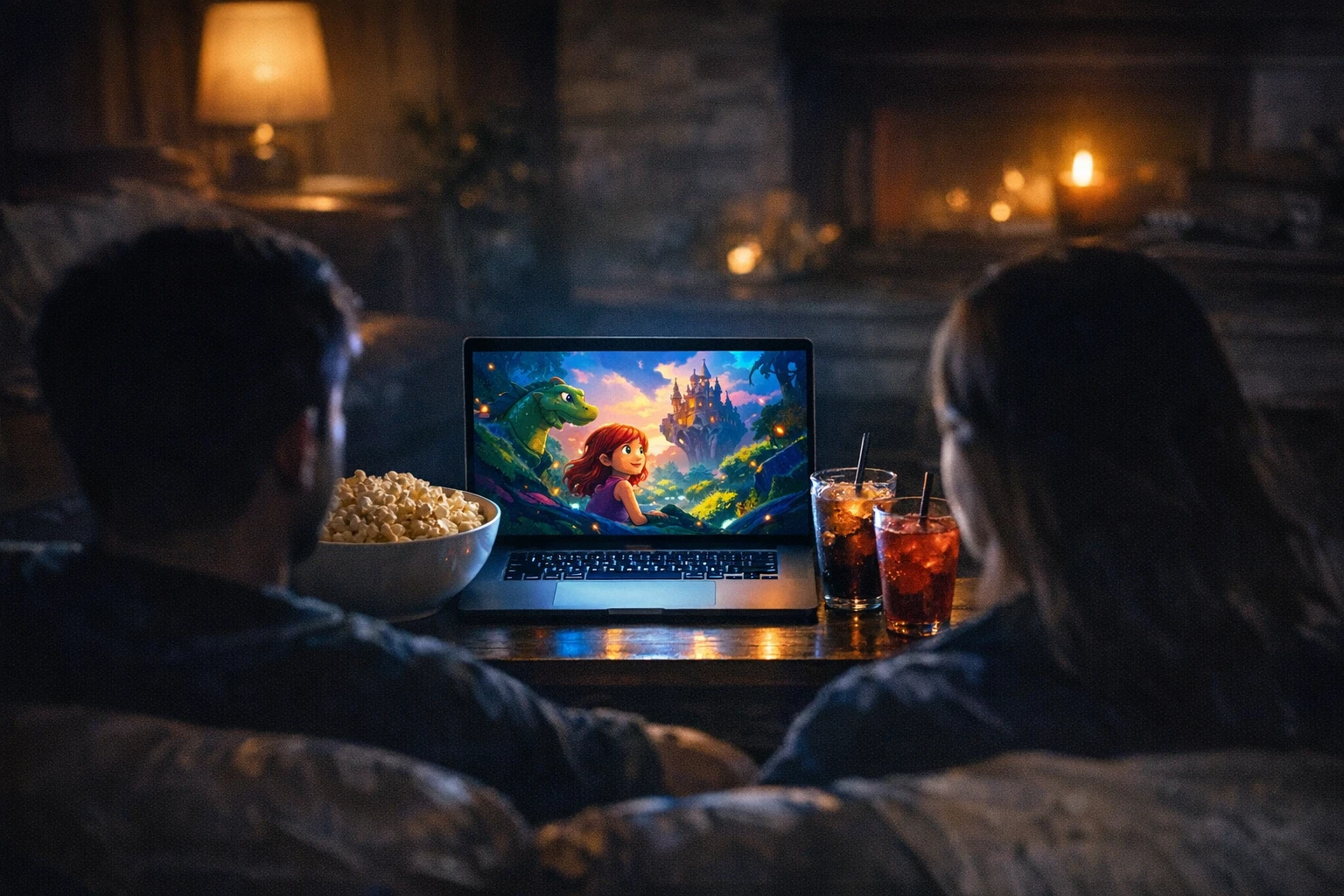 Friends watching the premiere of an AI animated short film in a living room