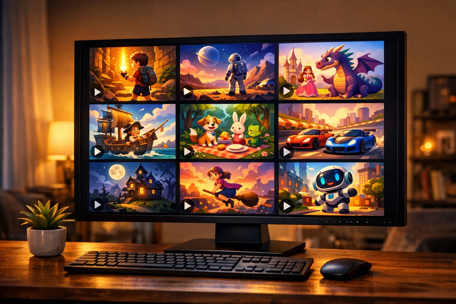 Grid of finished AI story videos in vertical, widescreen, and square aspect ratios