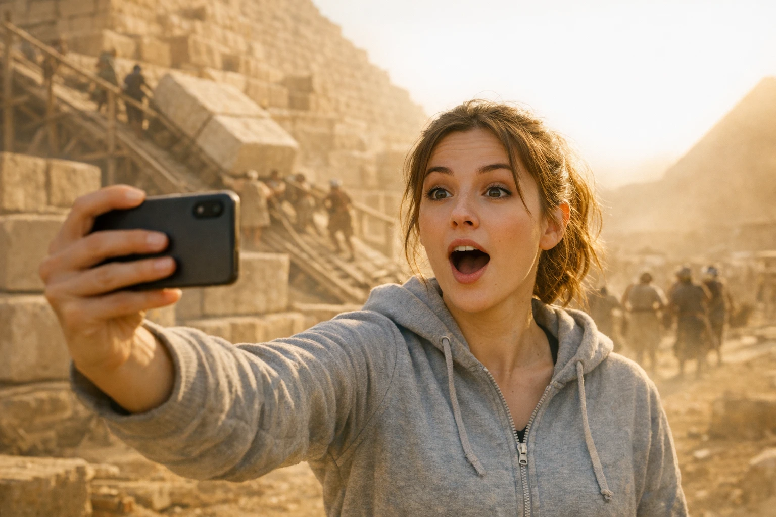 AI time travel video generator concept: a time traveler filming a selfie vlog at an ancient Egyptian pyramid construction site