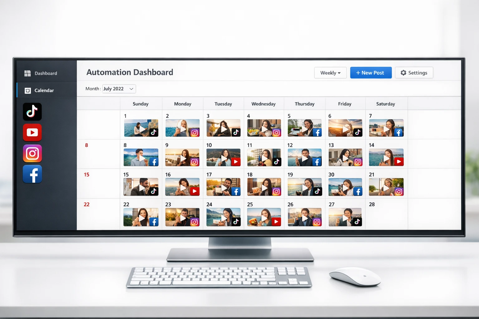 AI video automation tool dashboard showing scheduled content across platforms