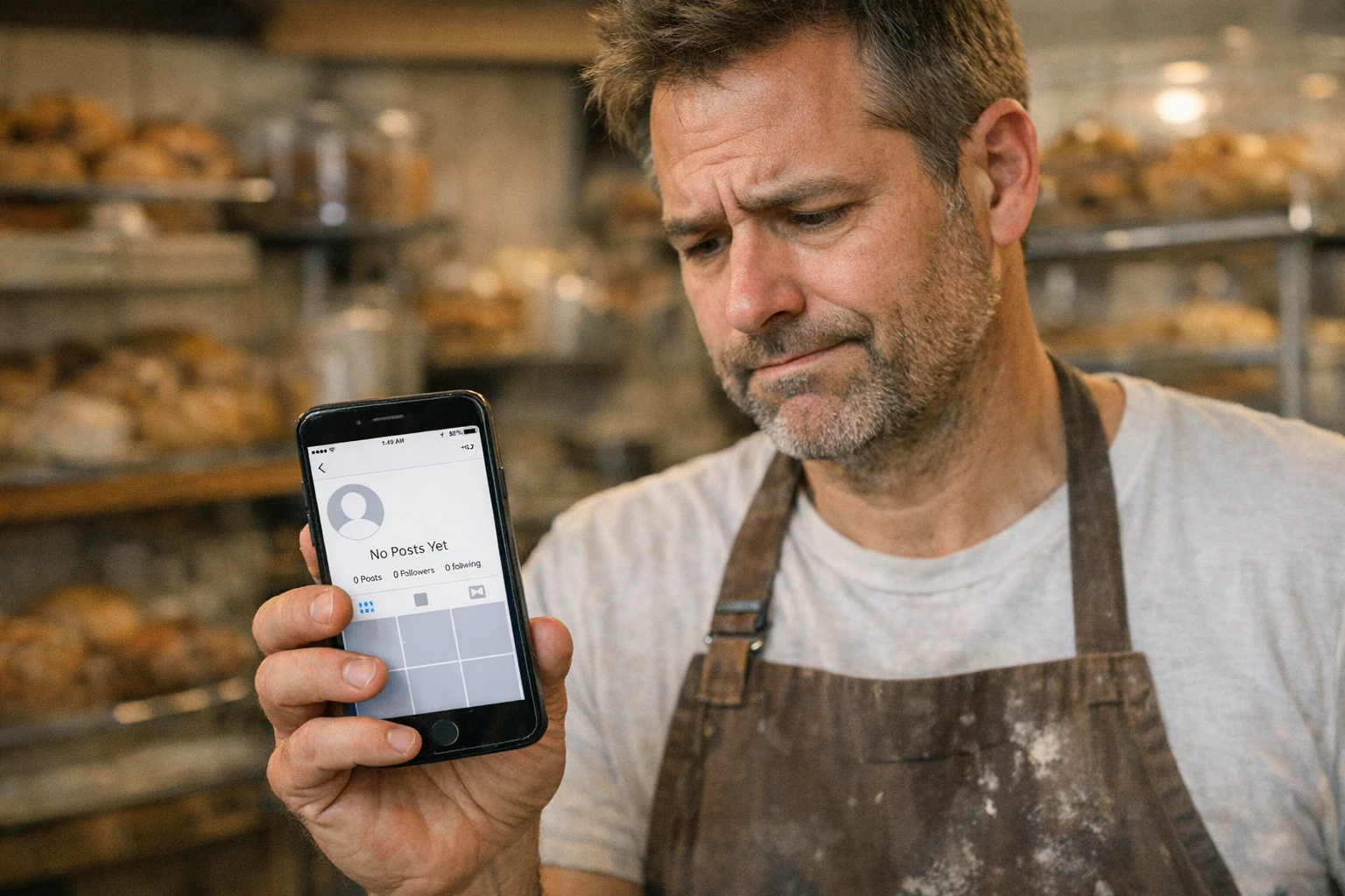 Small business owner overwhelmed by social media marketing demands across multiple platforms