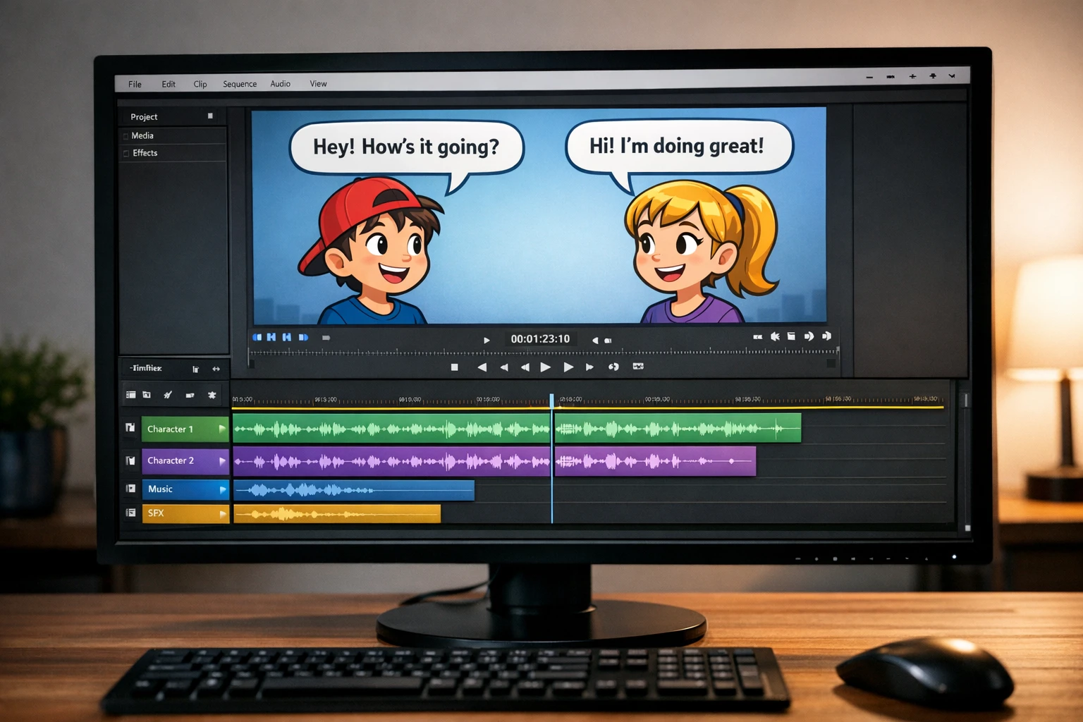 AI character dialogue creation showing multiple characters with unique voices in a video script