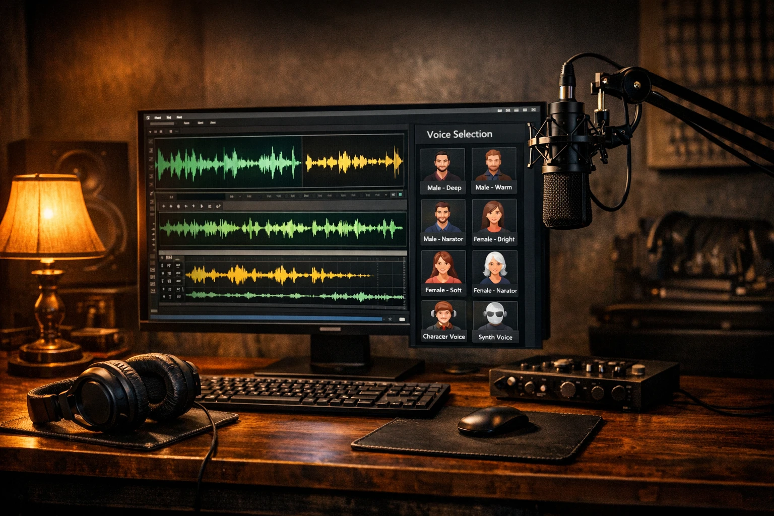 AI voice cloning studio interface showing character voice selection and text-to-speech generation