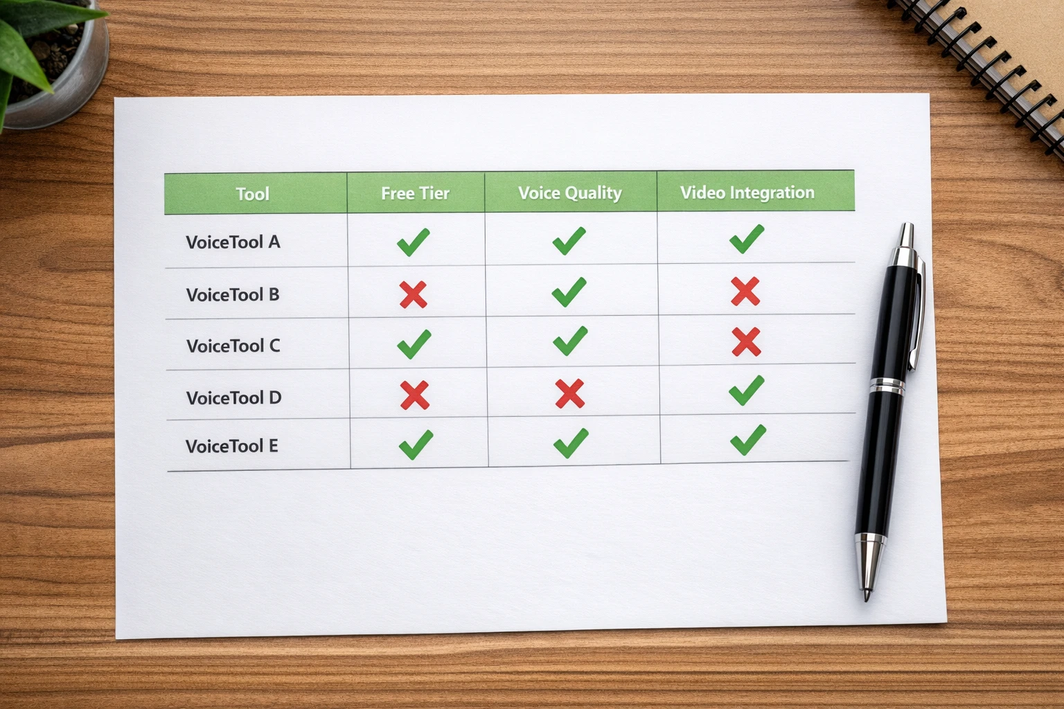 Comparison chart showing different AI voice generator tools and their features for content creators