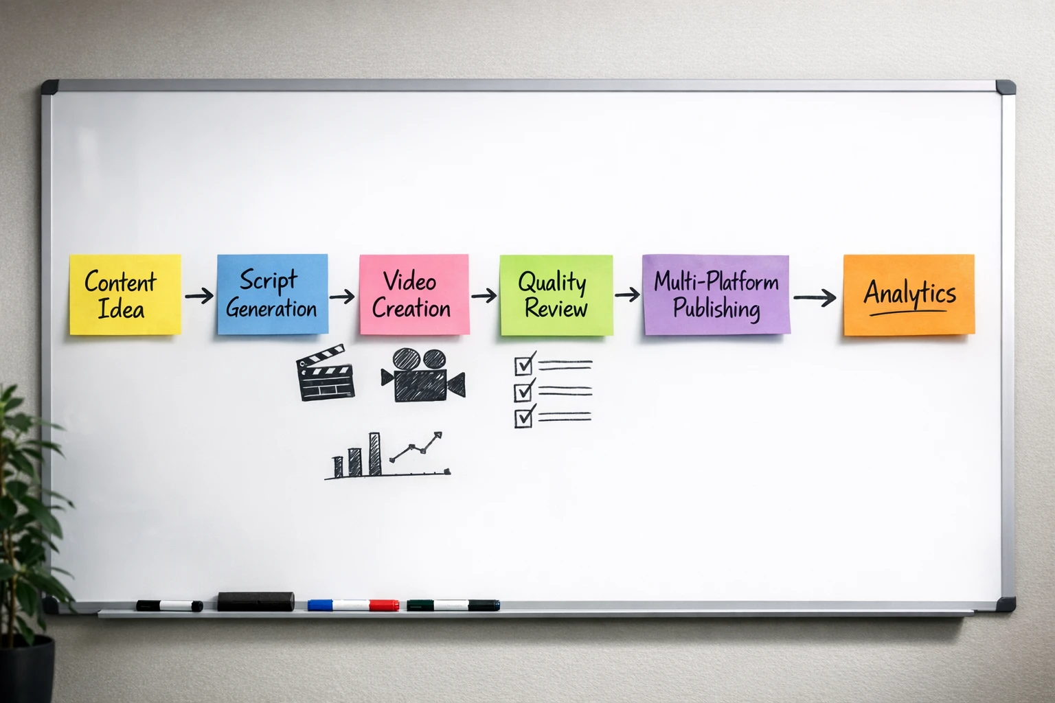 End-to-end AI workflow automation pipeline showing every step from topic idea to social media post