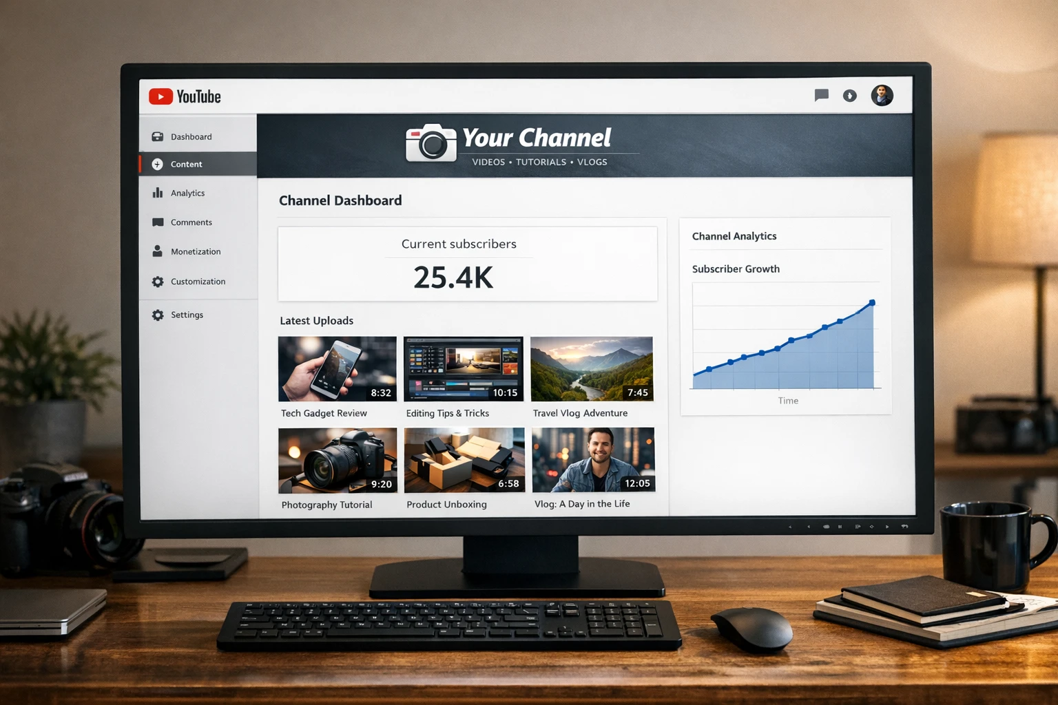 AI YouTube channel dashboard showing automated content creation and posting schedule
