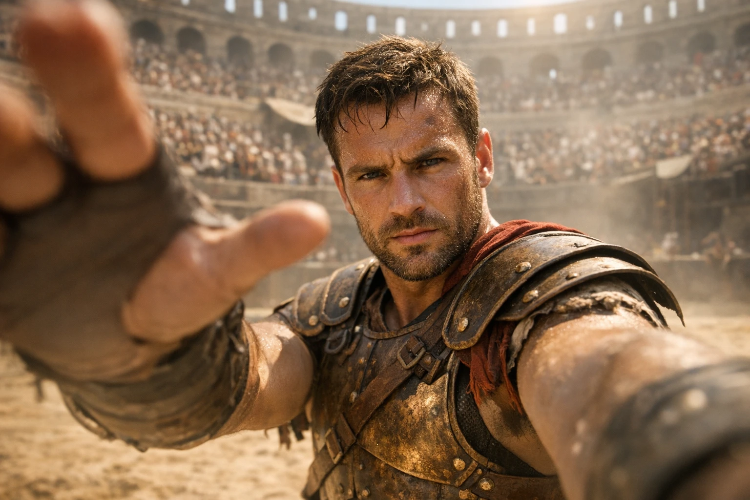 Ancient Rome AI video concept: gladiator filming a selfie-style POV vlog inside the Colosseum arena