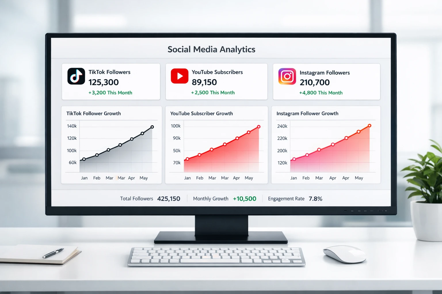 Growth dashboard showing automated video channel analytics and follower growth over time