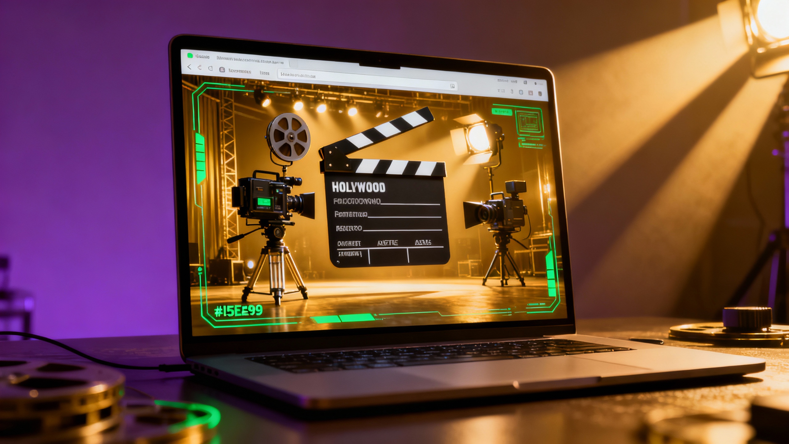 Hollywood production studio condensed into a browser window with dramatic cinematic lighting
