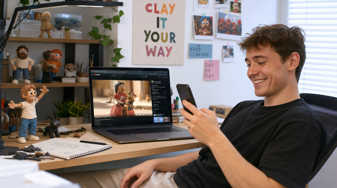 Content creator happily publishing claymation videos daily on a small budget