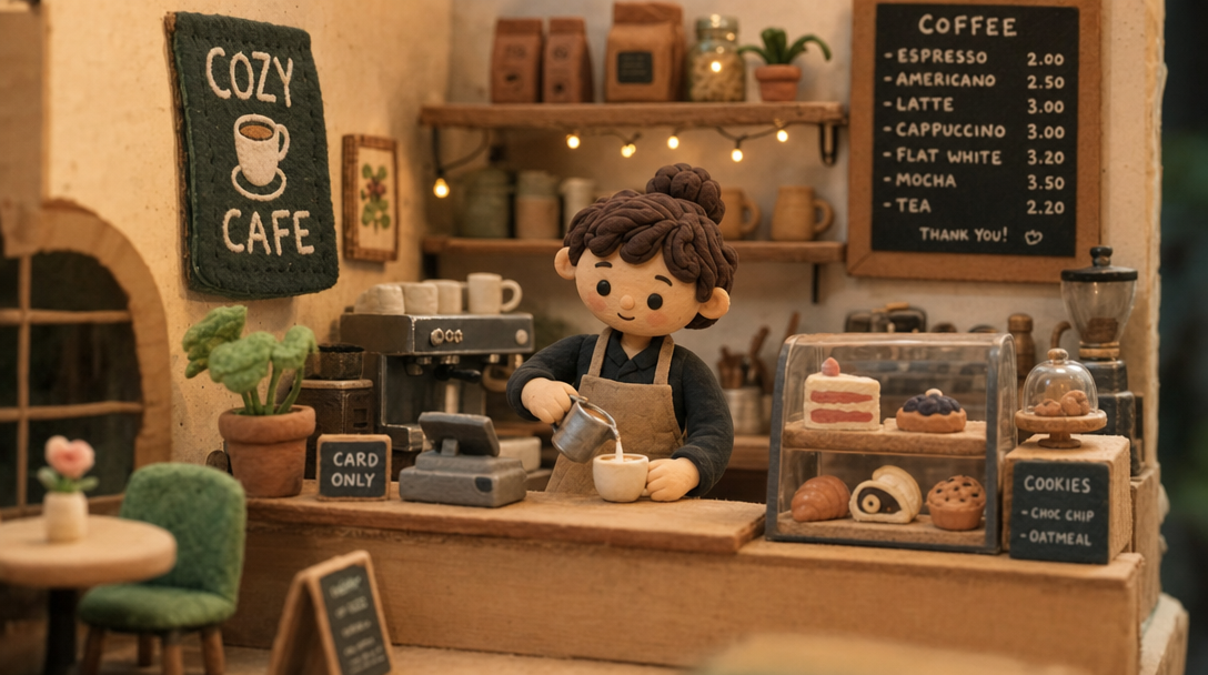 Clay animation maker output - a charming claymation cafe diorama scene with handcrafted details