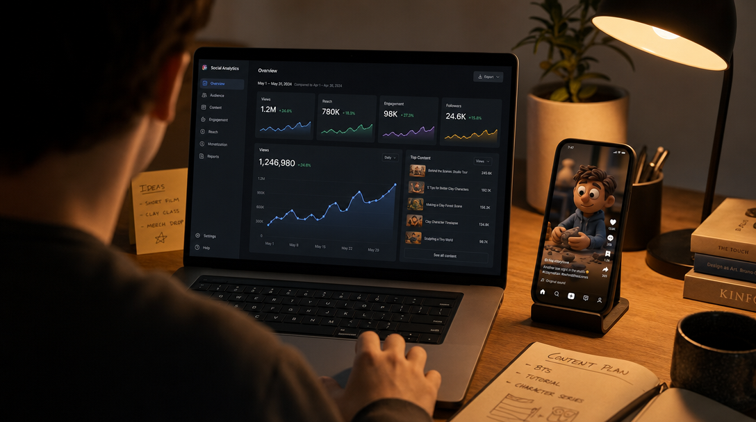 Content creator reviewing rising analytics after posting claymation videos on TikTok