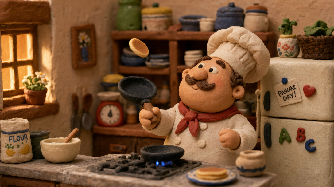 Claymation video idea example showing a clay chef flipping a pancake in a miniature kitchen