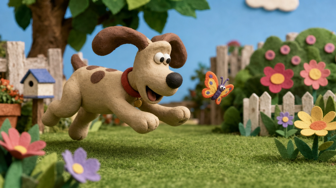 Clay animation idea showing a claymation dog chasing a butterfly in a miniature garden