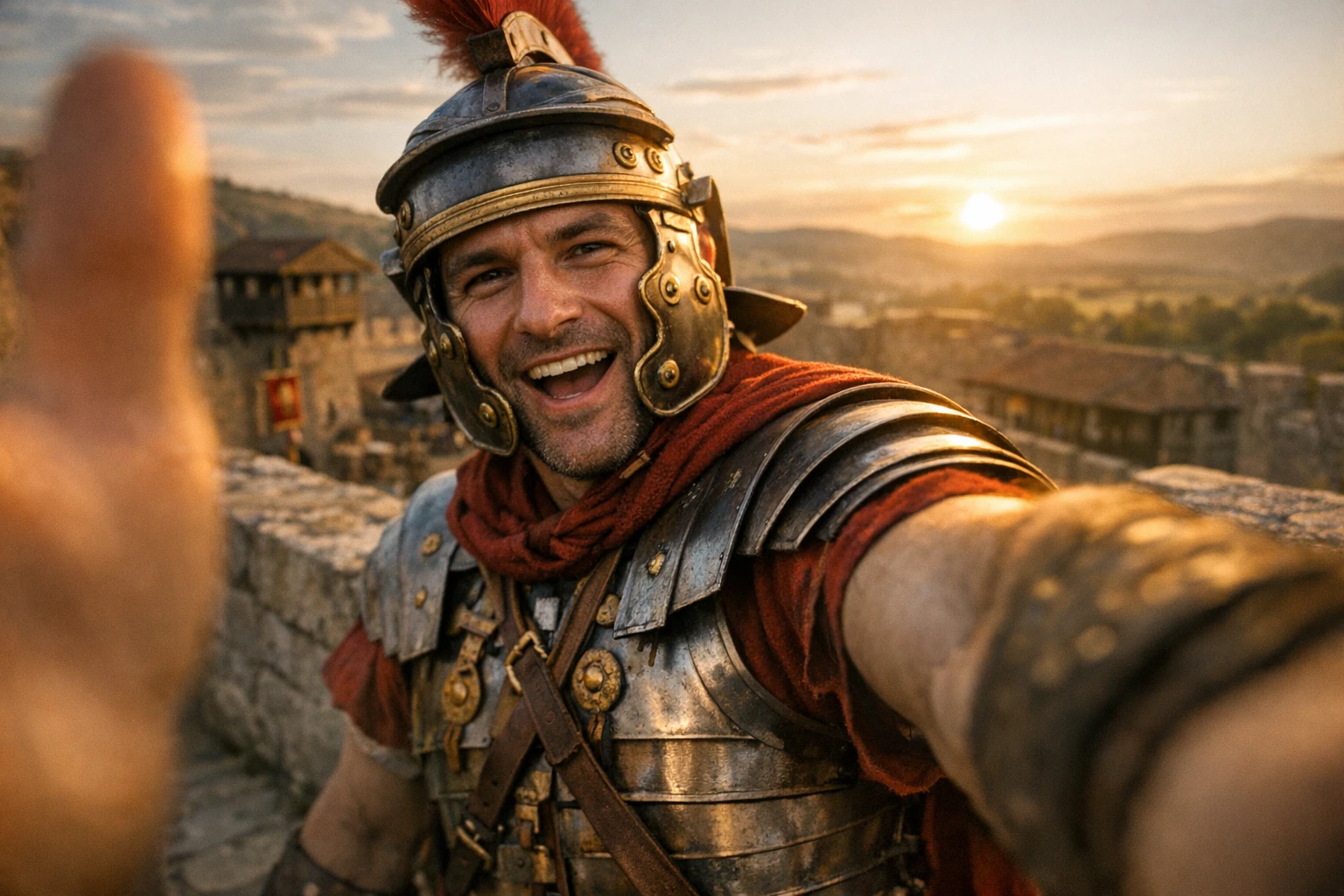 AI history video character in Roman armor filming a selfie vlog for a faceless history channel