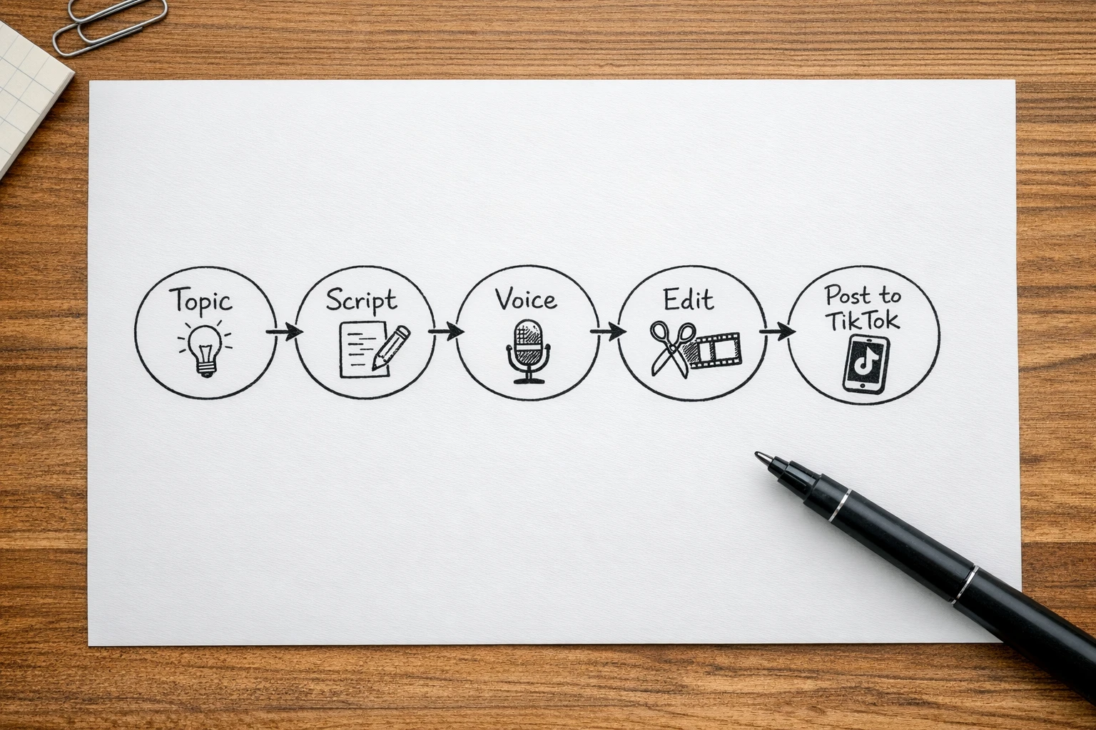 Automated content pipeline showing AI creating and posting TikTok videos from script to publish