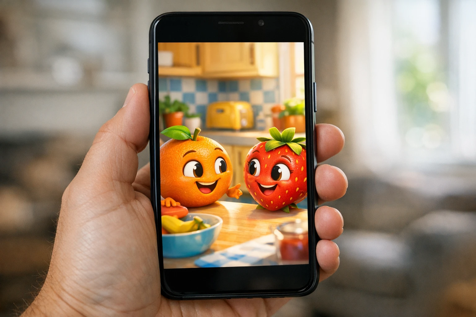 Fruit story video maker scene showing 3D fruit characters with human bodies acting out a dramatic story