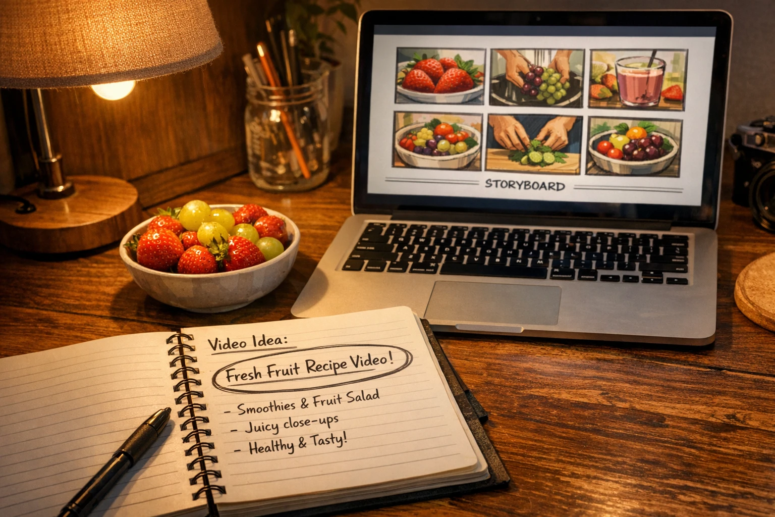 AI fruit story video creator workspace showing the story generator turning one idea into a multi-scene video