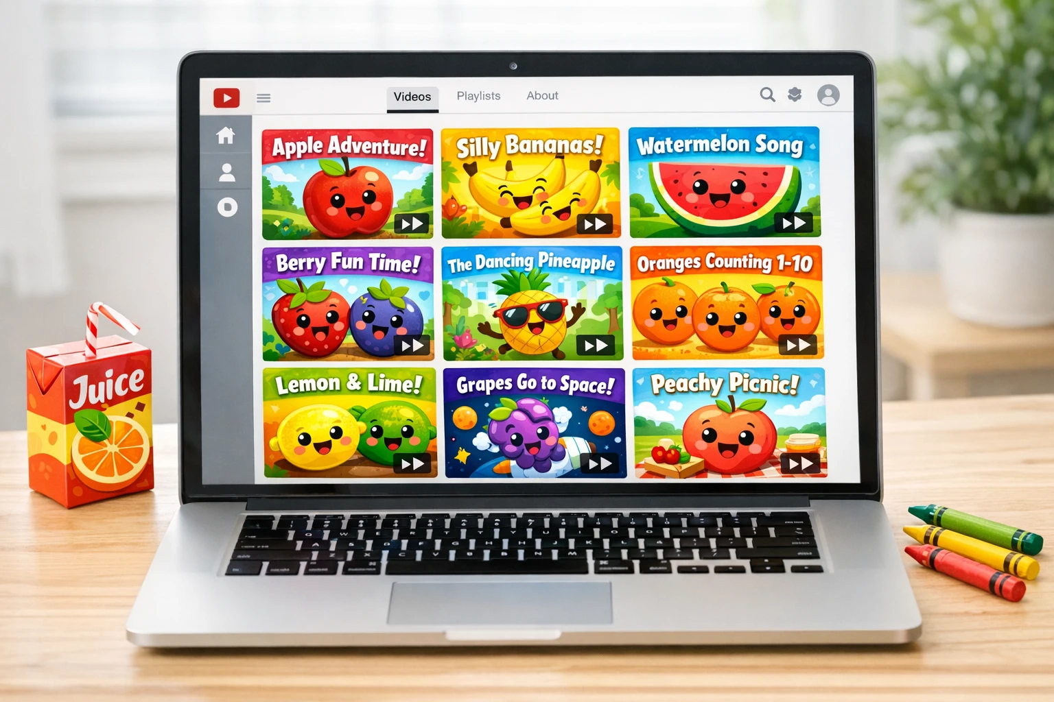 Kids' channel grid of educational fruit videos with recurring fruit characters