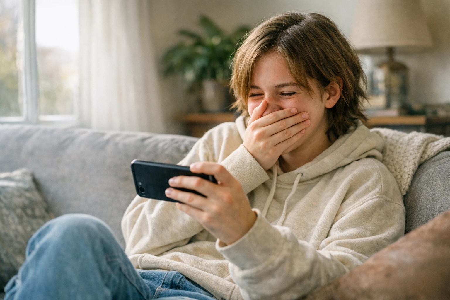 Viewer laughing at funny AI fruit skits on their phone