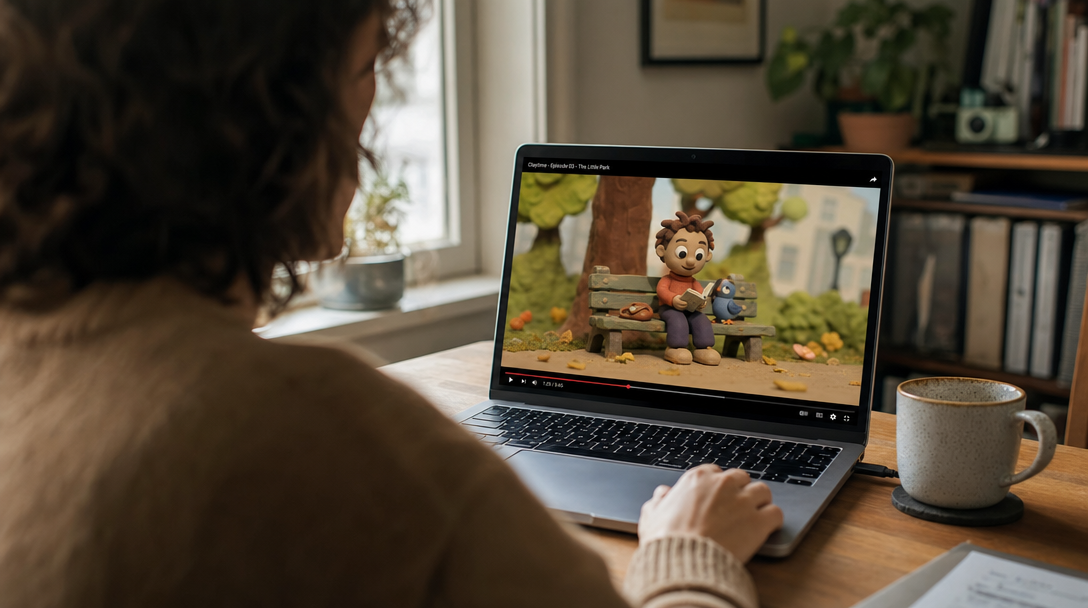 Relaxed creator watching an AI claymation video render on a laptop instead of animating by hand