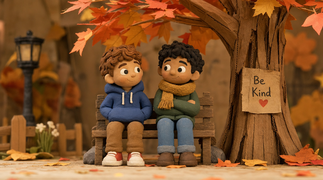 Charming finished AI claymation scene with clay characters on a park bench